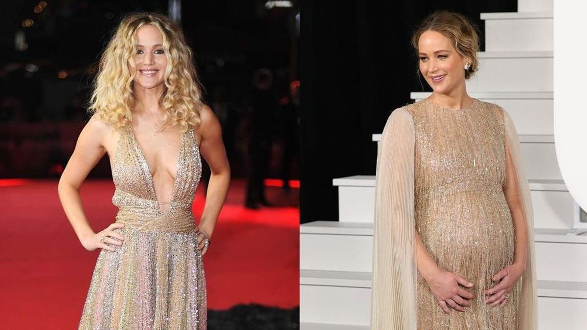 Jennifer Lawrence posa embarazada en la alfombra roja del estreno de 'No mires arriba', filme que protagoniza con Leonardo Di Caprio.