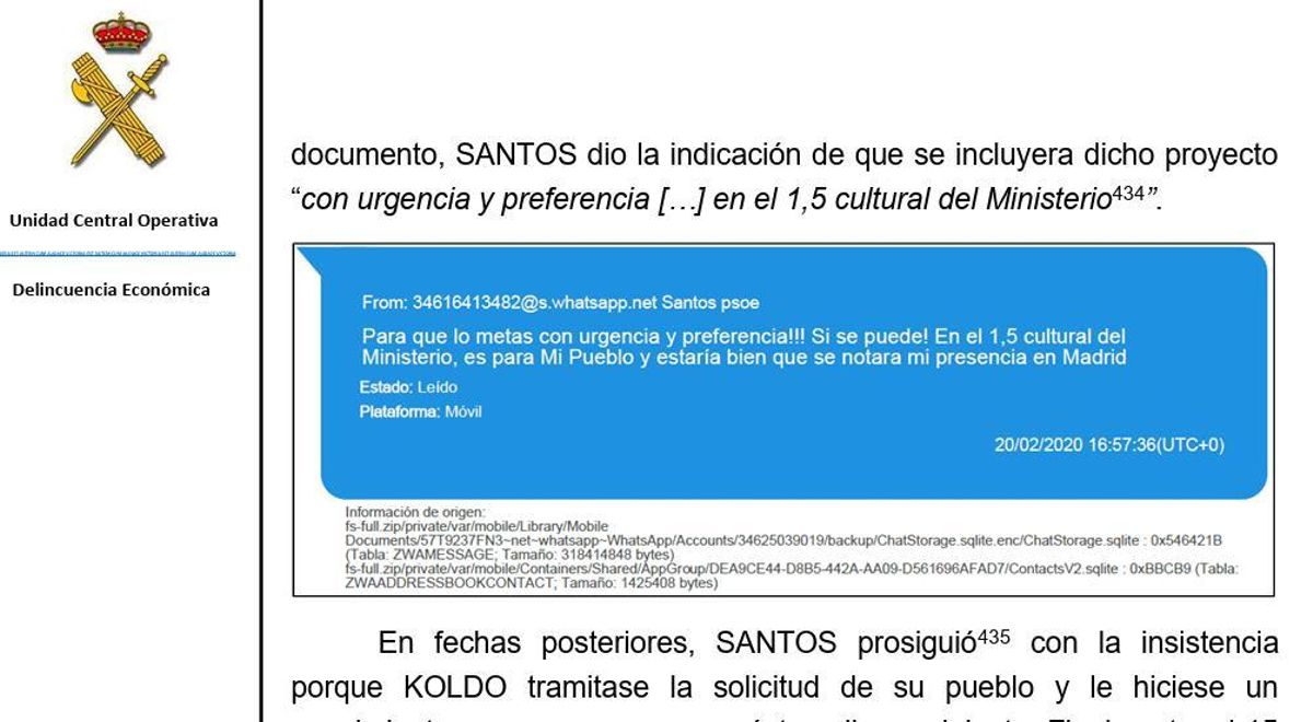 El informe de la UCO de la Guardia Civil recoge el mensaje enviado por Santos Cerdán a Koldo García para reformar una plaza de su pueblo, Milagro.