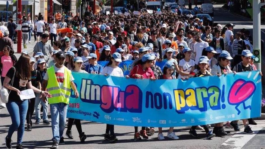 Más de 2.000 niños recorrieron la ciudad, desde el Concello a Castrelos, con el Correlingua. // José Lores