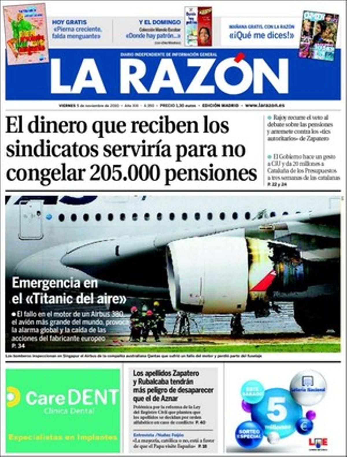 A les pàgines interiors ’La Razón’ destaca que el PSOE mima CiU --accepta 90 esmenes parcials als pressupostos generals de l’Estat-- amb 20 milions per a Catalunya tres setmanes abans del 28-N; que el Tribunal Superior de Justícia de València reclama al jutge Pedreira que li remeti tots els documents del ’cas Gurtel’, i que el PP porta al Congrés les declaracions d’Ignasi Guardans després de la seva destitució.