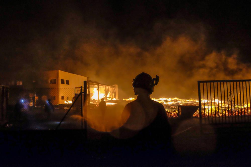 Un espectacular incendio calcina una fábrica de palets en La Marina.