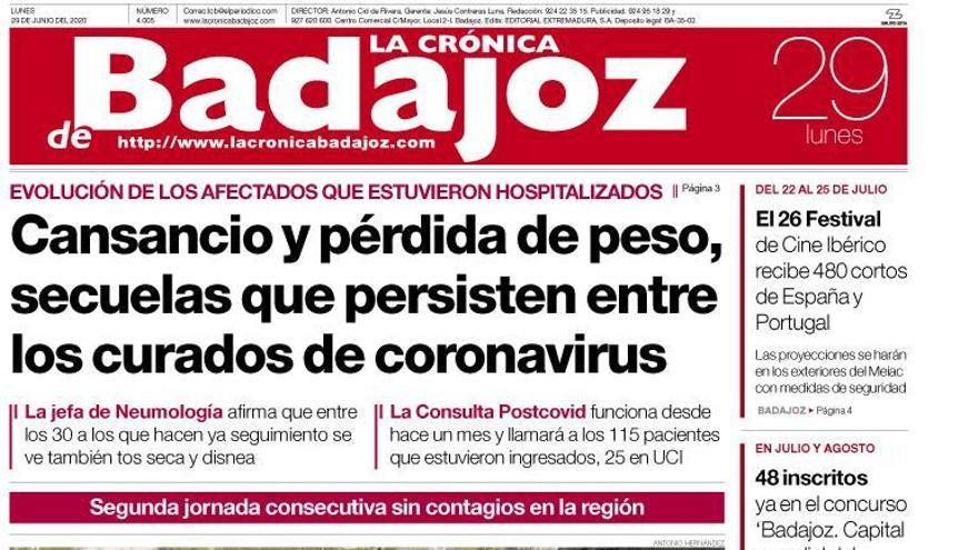 Esta es la portada de LA CRÓNICA DE BADAJOZ correspondiente al día 29 de junio del 2020