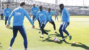 Dembélé en su retorno a los entrenamientos tras la lesión muscular que padeció ante el Lyón.