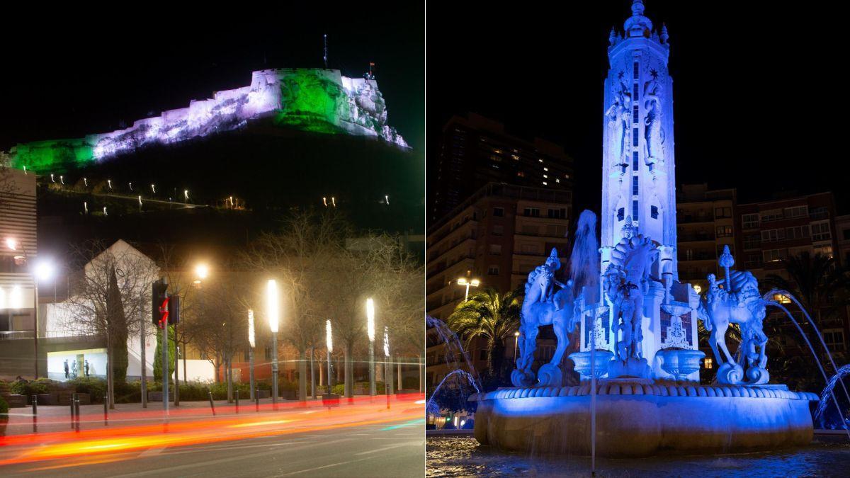 El castillo de Santa Bárbara, con los colores de Andalucía, a su lado, la plaza de los Luceros, iluminada con los colores del Hércules CF en su centenario.