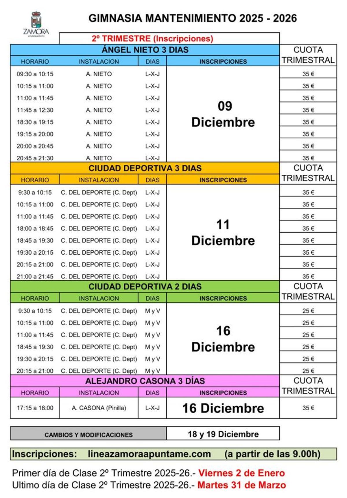 Calendario de inscripciones 2º trimestre