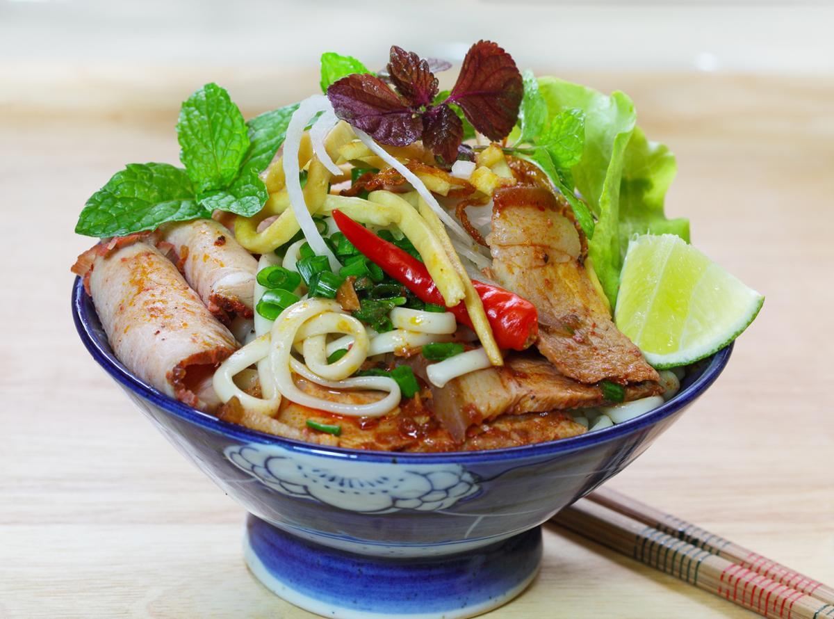 Homemade Cao Lau Vietnamese cuisine noodle bowl.