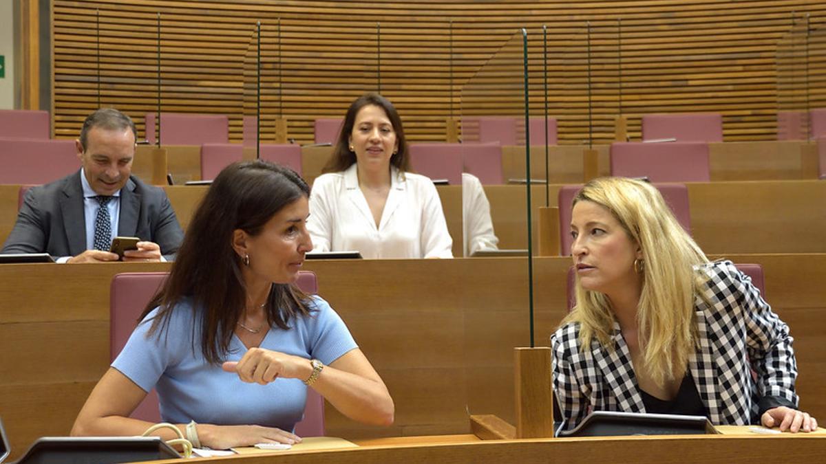 Ruth Merino y María Muñoz, con Tony Woodward y Janeth Giraldo tras ellos, en un acto de 2022 en las Corts.