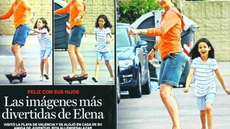 La infanta Elena, en patinete. La Infanta Elena se divirtió con sus hijos Froilán y Victoria Federica en la playa de Valencia durante el puente de mayo, informó «Lecturas». Doña Elena enseñó a patinar a su hija, de 7 años, con quien disfrutó del sol, el mar y las actividades al aire libre.