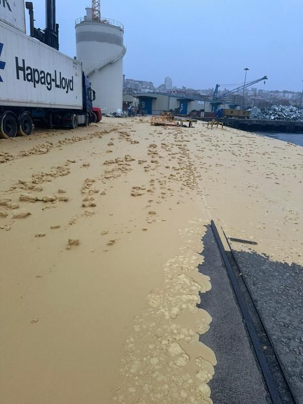 El aceite de palma mancha la ría de Vigo tras romper un tanque en el muelle de Guixar
