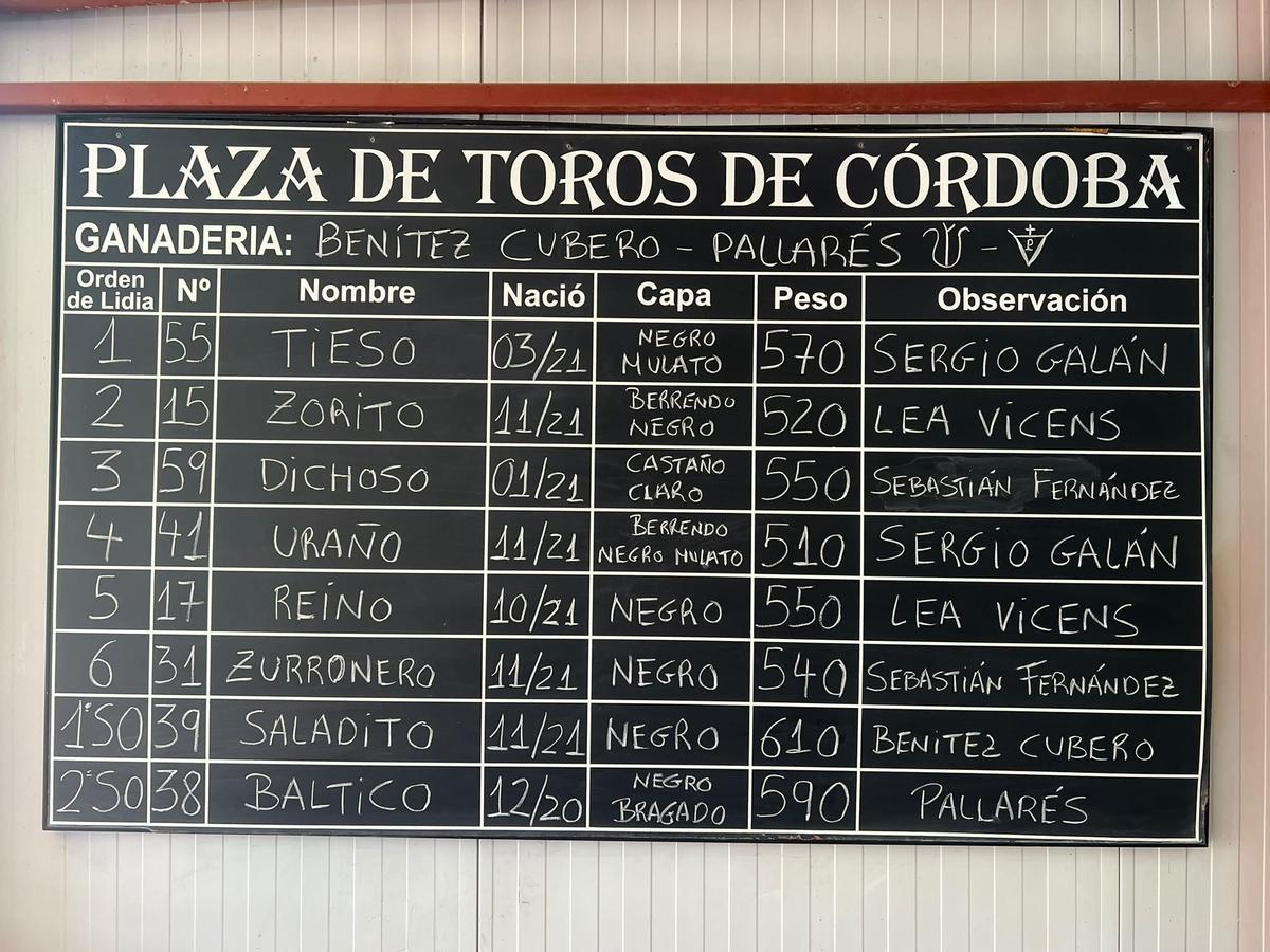 Tablilla del sorteo con el orden de lidia de los toros que se correrán hoy a caballo en la plaza de Los Califas de Córdoba.