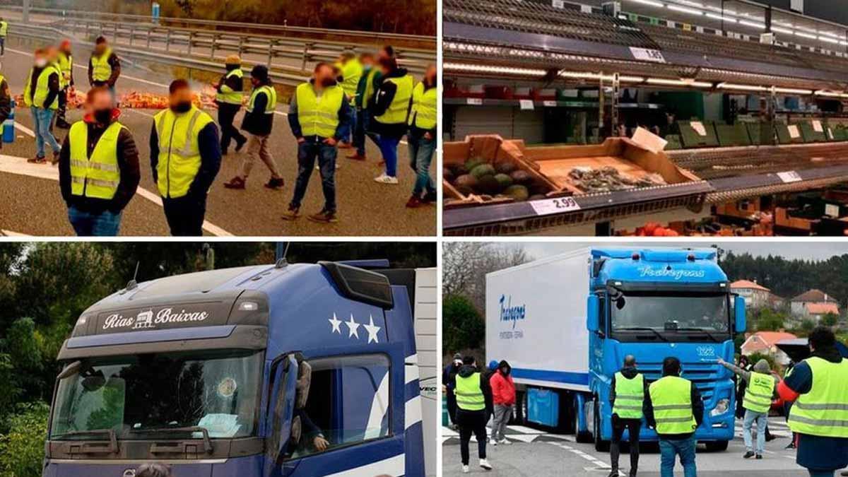 Piquetes cortan el tráfico en Vilalba, estantes vacíos en un supermercado, un camión con la luna rota por la acción de un piquete y protestas del sector en Poio.