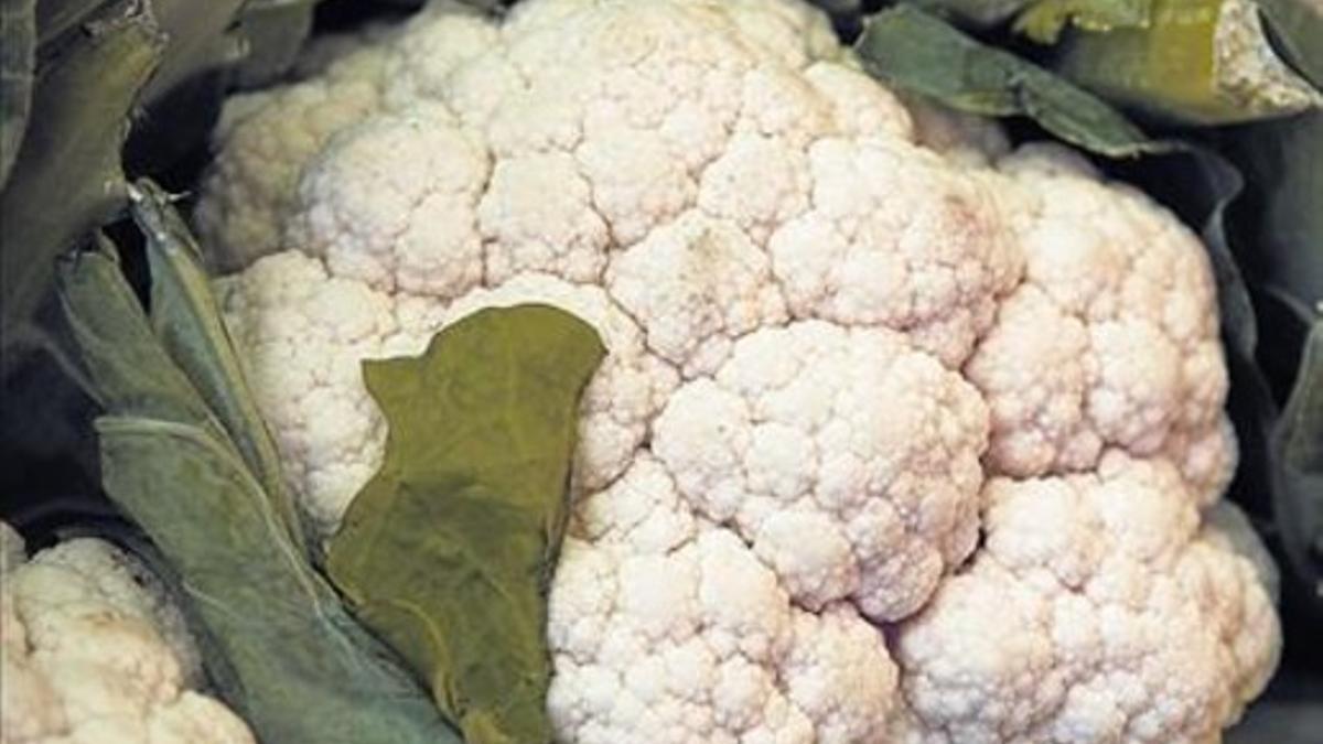 Coliflores, en una parada de verduras del mercado de la Boqueria.