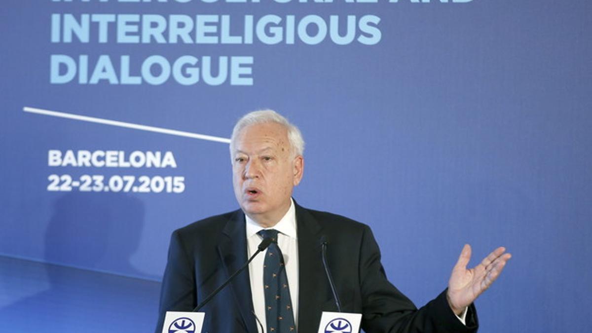 El ministro de Exteriores, José Manuel García-Margallo, en la Reunión de Alto Nivel sobre Diálogo Intercultural e Interreligioso, en Barcelona.