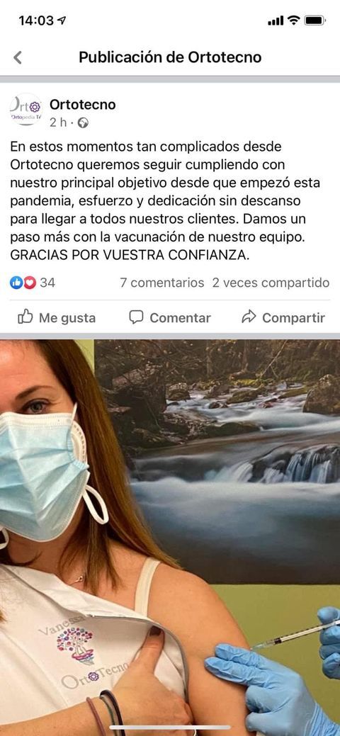 Publicación en Facebook de una trabajadora de la empresa de Ortopedia que ha recibido la vacuna