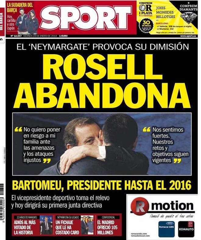 2014 - Sandro Rosell deja la presidencia y le sustituye Josep Maria Bartomeu