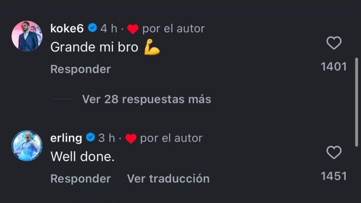 La respuesta de Koke y Erling Haaland a Marcos Llorente en su cuenta de Instagram