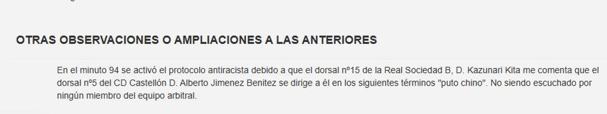 Captura de imagen del acta arbitral del Real Sociedad B-Castellón.
