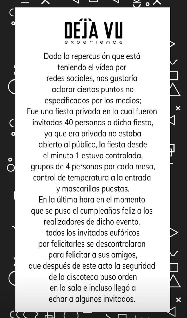 Comunicado con la explicación de lo ocurrido, en una red social de la discoteca.