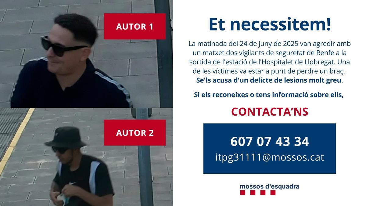 Imágenes que han distribuido los Mossos d'Esquadra de los dos presuntos autores de un crimen sucedido en L'Hospitalet de Llobregat el pasado 24 de junio de 2025