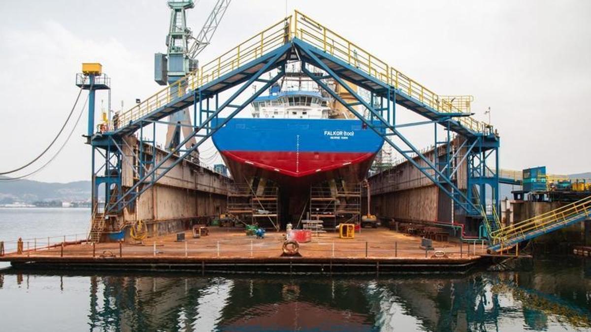 El oceanográfico «Falkor Too», del Schmidt Ocean Institute, en el dique seco de Metalships.