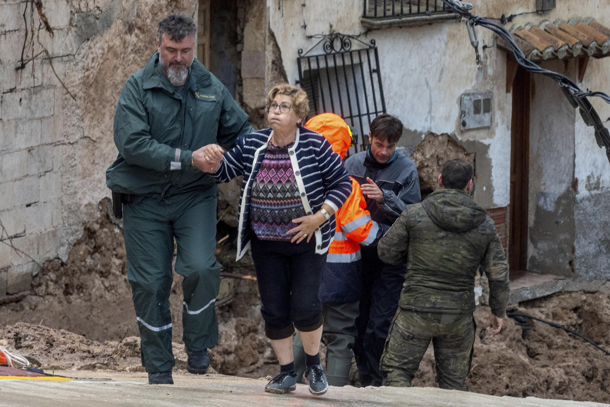 Members of emergency services and Guardia Civil rescue people trapped in their homes after floods in Letur, Albacete, Tuesday, Oct. 29, 2024. (Víctor Fernández/Europa Press via AP). SPAIN OUT