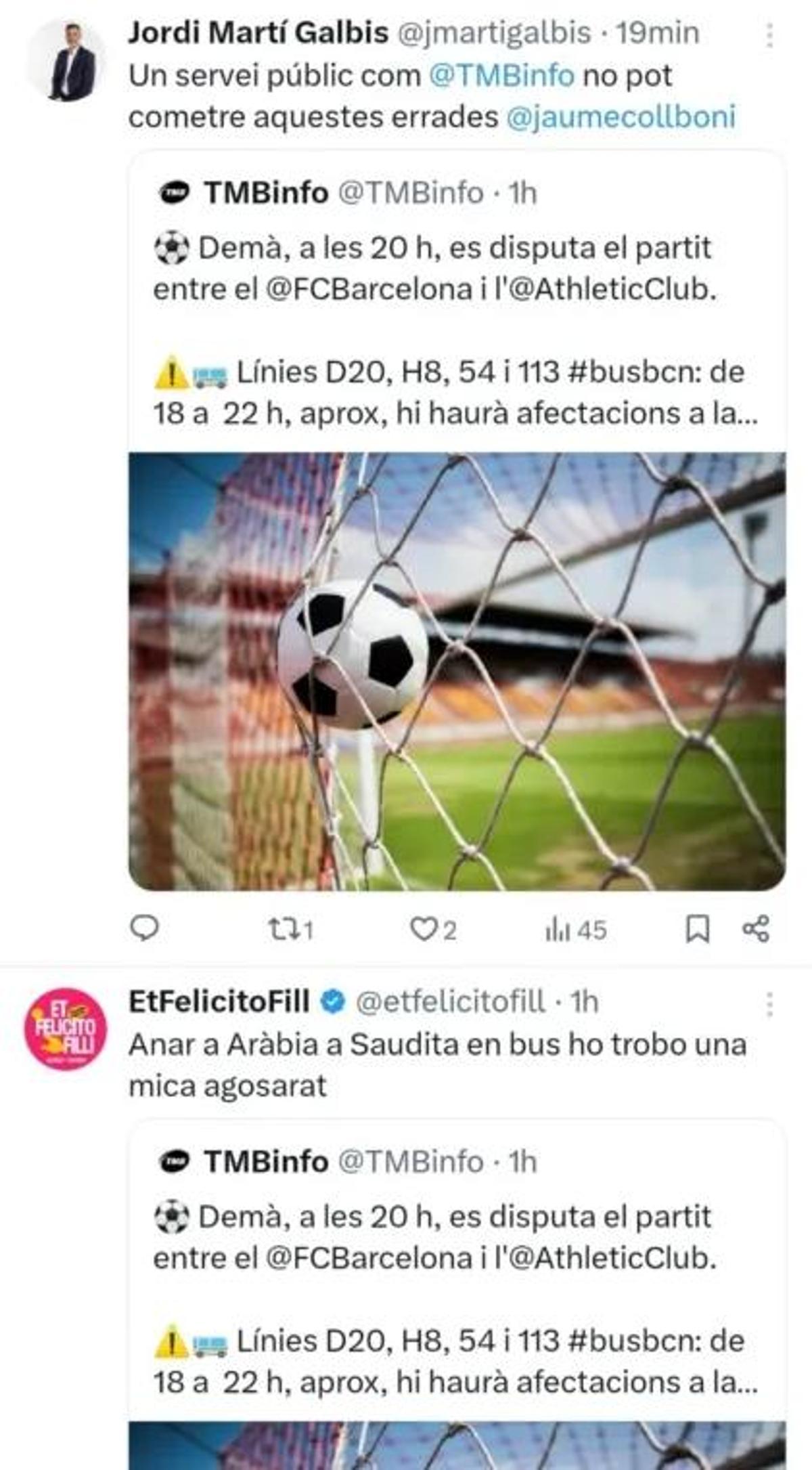 Captura de pantalla de las respuestas a la publicación errónea de TMB.