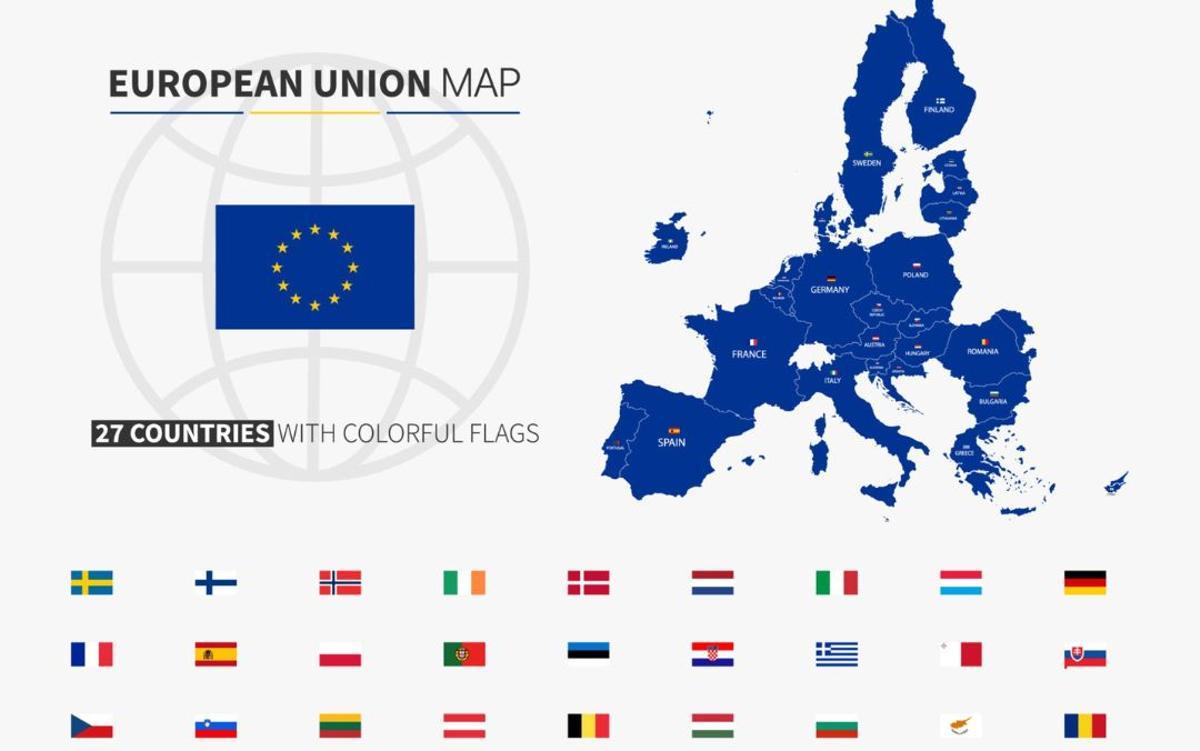 Imagen de los países de la Unión Europea y sus banderas.