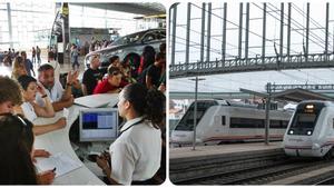 Trabajadores de Aena en el aeropuerto de Barcelona (izquierda) y trenes de Renfe en la estación de Santiago.