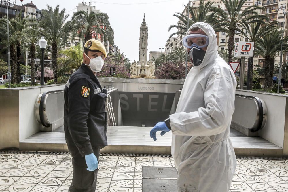 Trabajos de la UME en la Estacion de Renfe, Luceros y Hospital General de Alicante