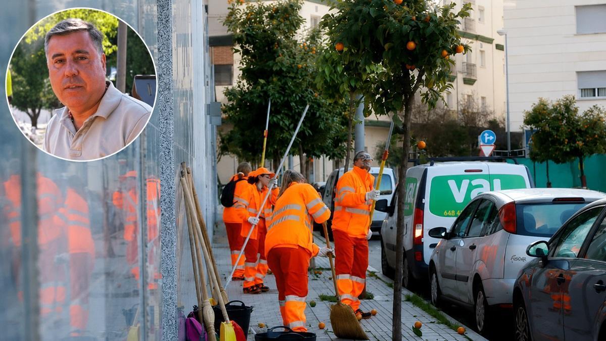 El presidente de Sadeco, Miguel Ruiz Madruga, arriba a la izquierda, sobre una imagen de un grupo de trabajadores de Sadeco.
