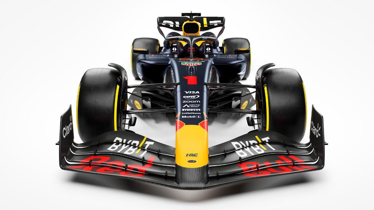 Vista frontal del nuevo coche de Max Verstappen, que buscará su cuarto título consecutivo de F1 en 2024