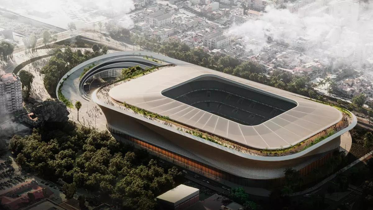 Recreación de cómo quedará el Estadio de La Rosaleda, en Málaga, tras la reforma para el Mundial 2030.