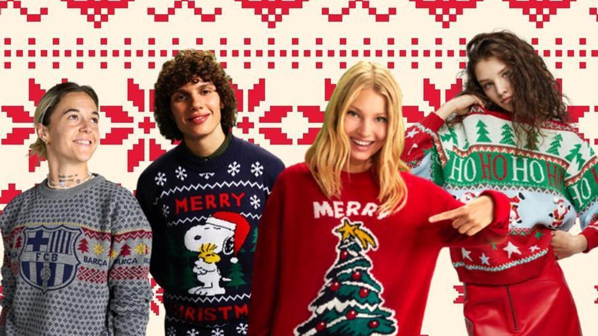 De izquierda a derecha, María Leon, defensa del Barça, con uno de los jerséis navideños del club azulgrana, junto a modelos 'ugly christmas' de Lefties y Pull&Bear.