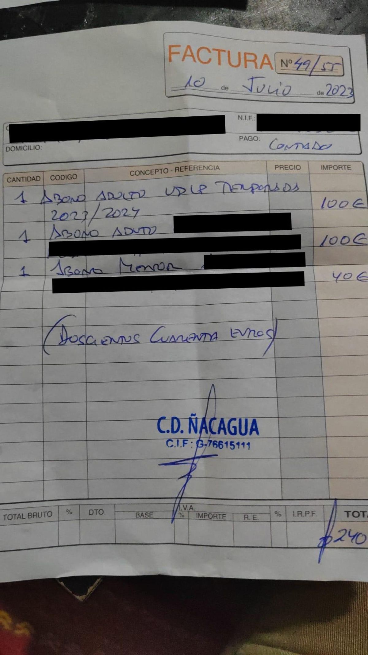 Factura que 'Palillo' daba a los compradores.