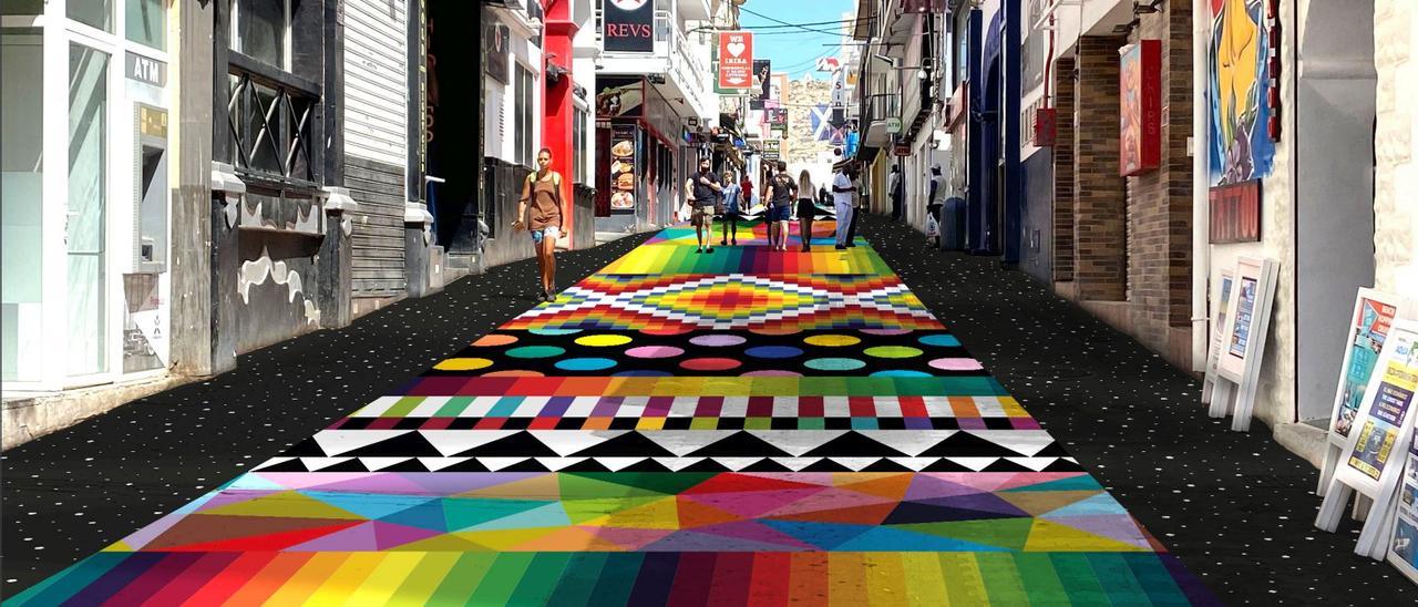 Recreación virtual dela obra de Okuda en el suelo de la calle Santa Agnès.