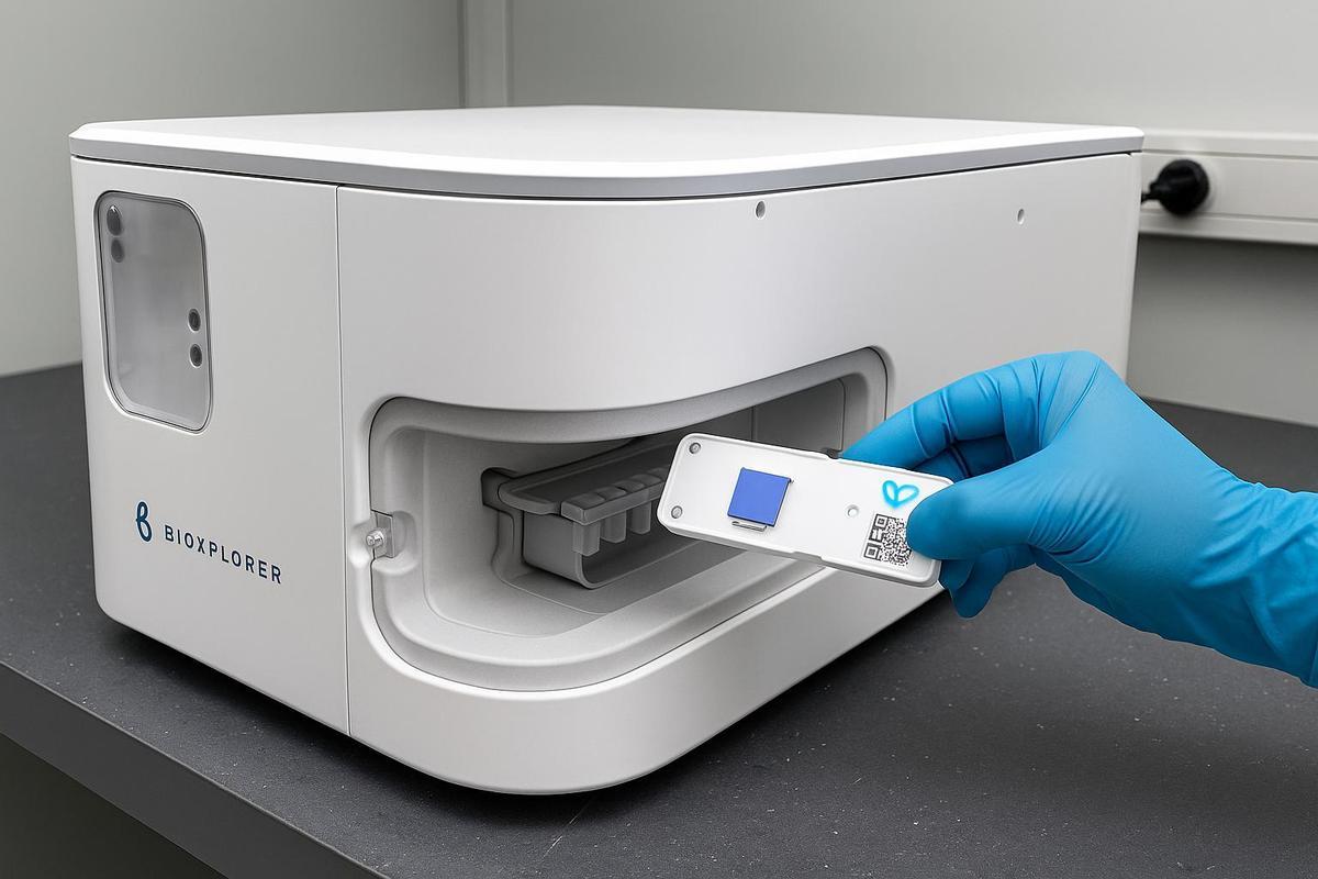 En la imagen, el aparato BioExplorer creado por Bioherent para el diagnóstico rápido, y el cartucho AllerWave, que incorpora biosensores fotónicos para analizar la muestra de suero del paciente y determinar de modo rápido y preciso si una persona es o no alérgica a un antibiótico.
