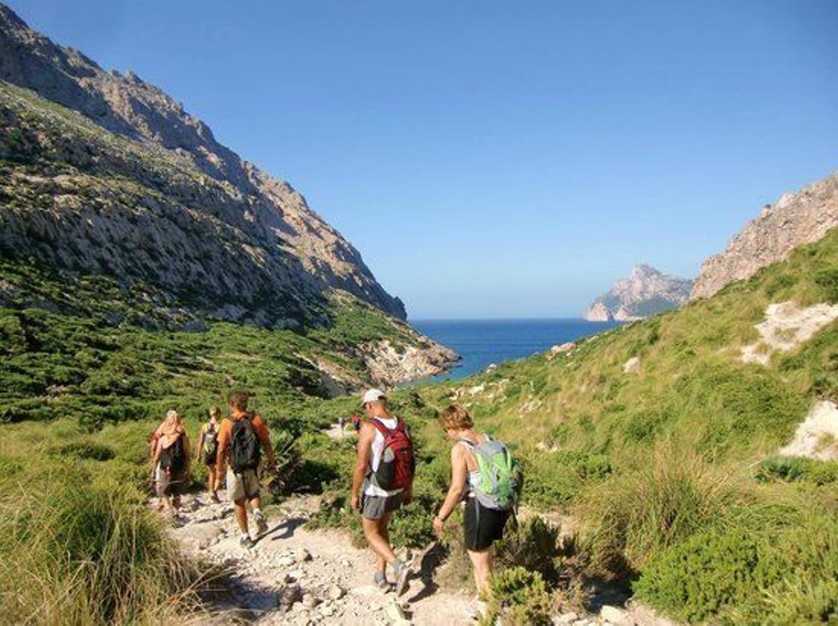 Excursionistas se dirigen a Cala Bòquer por el camino público.