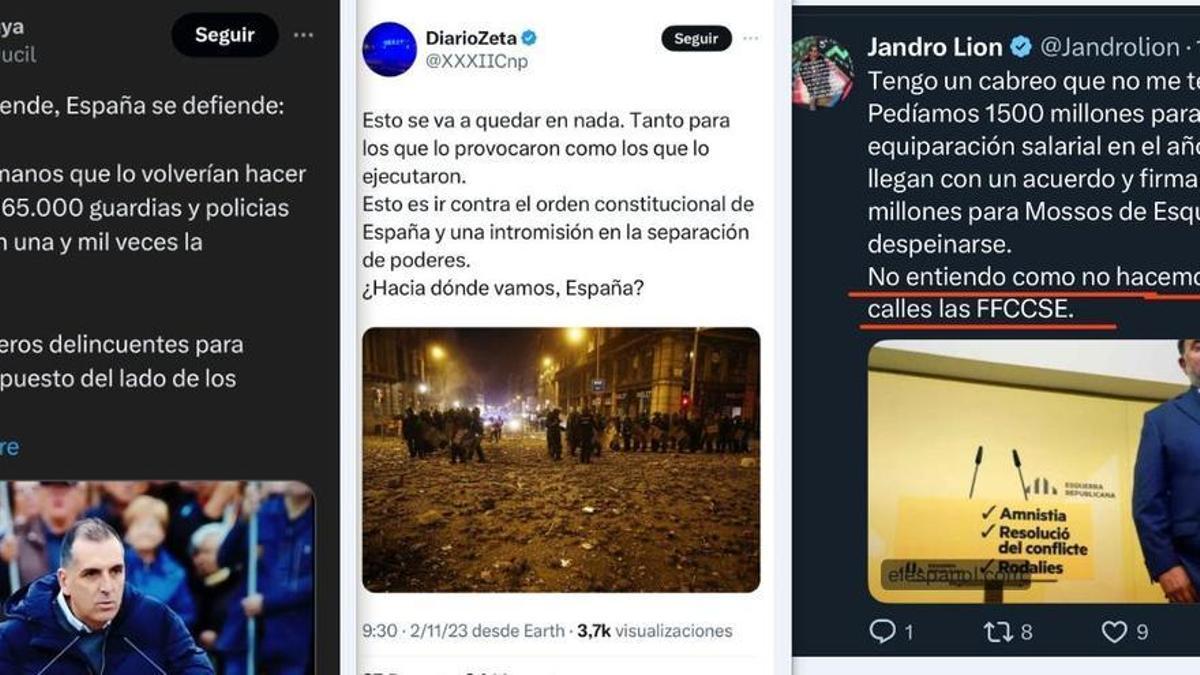 Tuits de agentes policiales reaccionando contra los acuerdos de investidura difundidos estos días.