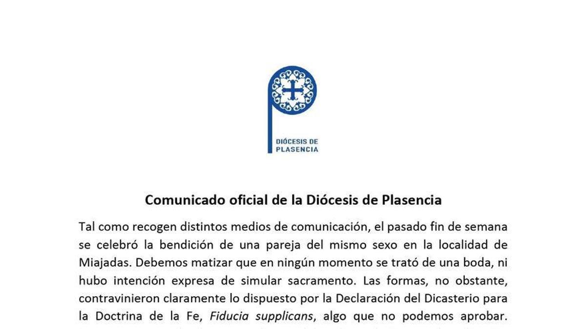 Comunicado oficial del Obispado de Plasencia.