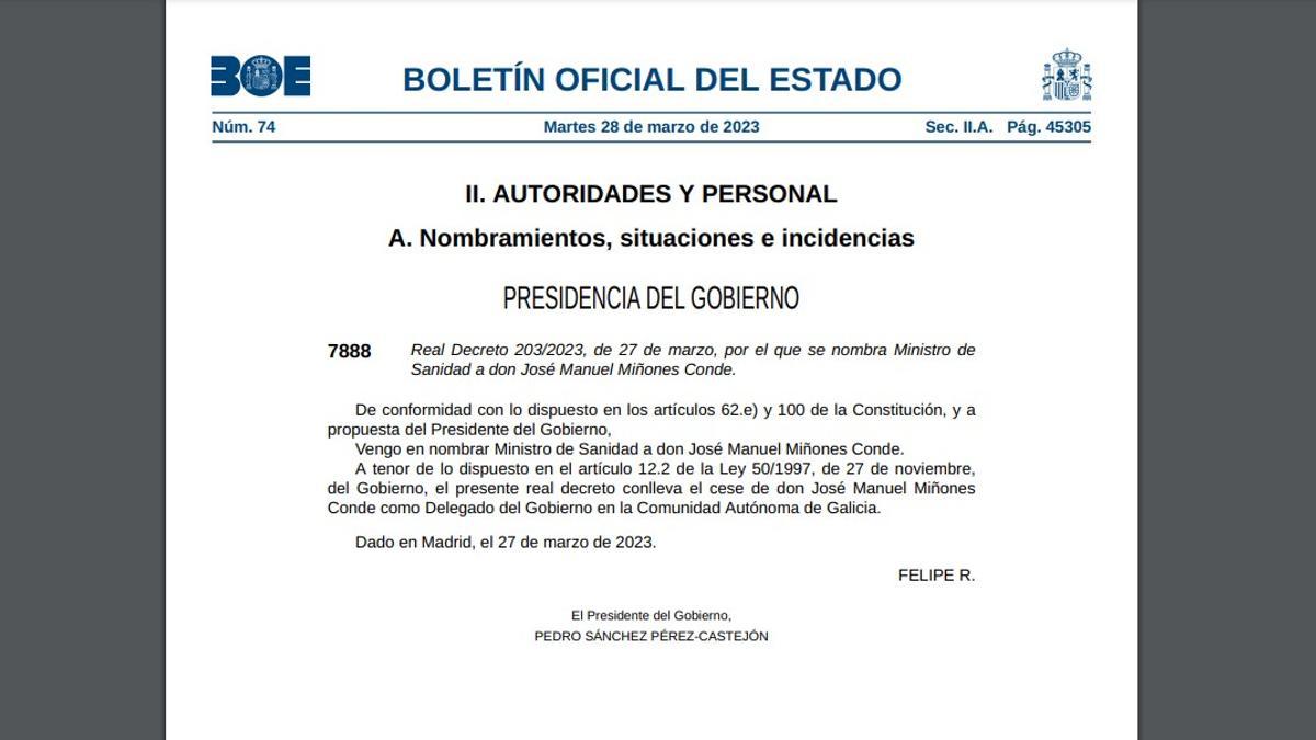 Nombramiento de José Miñones Conde como nuevo ministro de Sanidad