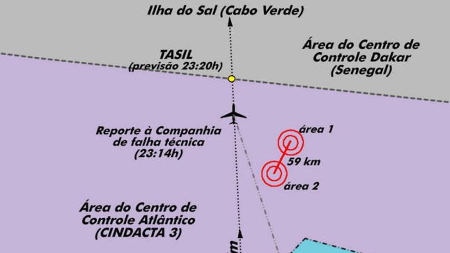 Gráfico divulgado hoy, 2 de junio de 2009, por la Fuerza Aérea Brasileña que muestra el lugar del océano Atlántico donde fueron avistados restos que pueden ser del Airbus A330-200 de Air France.