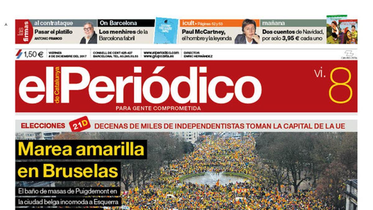 La portada de EL PERIÓDICO DE CATALUNYA del 8 de diciembre del 2017