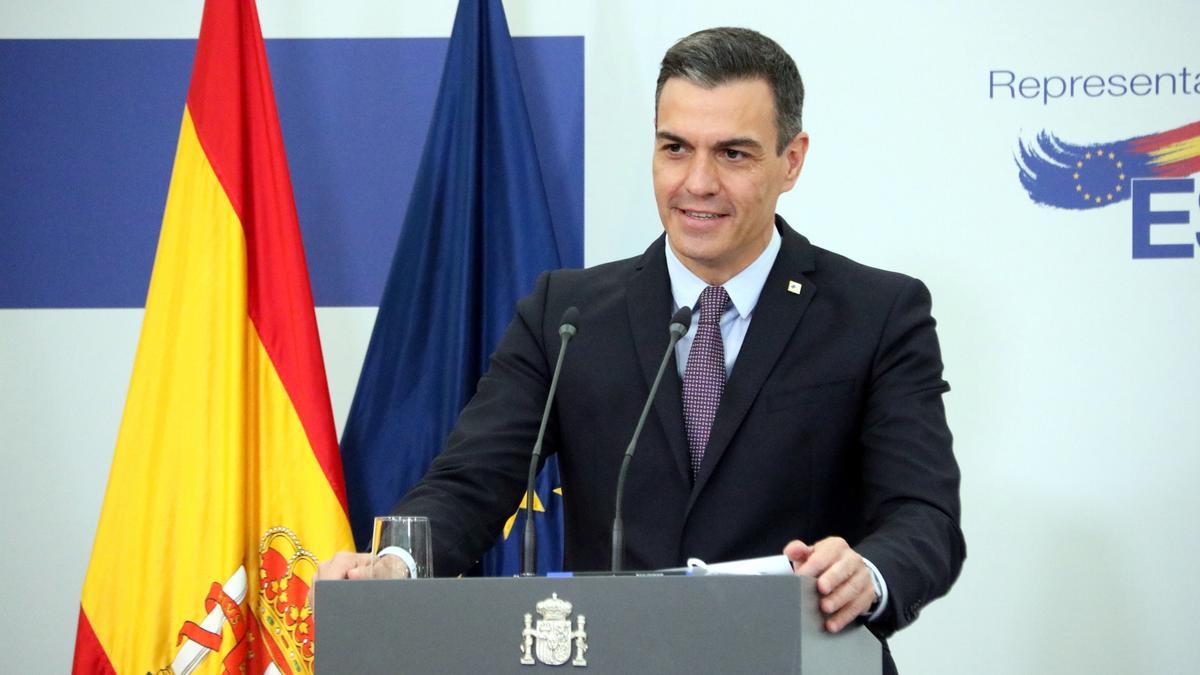 El president del govern espanyol, Pedro Sánchez, durant una roda de premsa a Brussel·les el 25 de maig