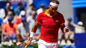 El tenista español Rafa Nadal durante su partido ante Novak Djokovic en Paris 2024