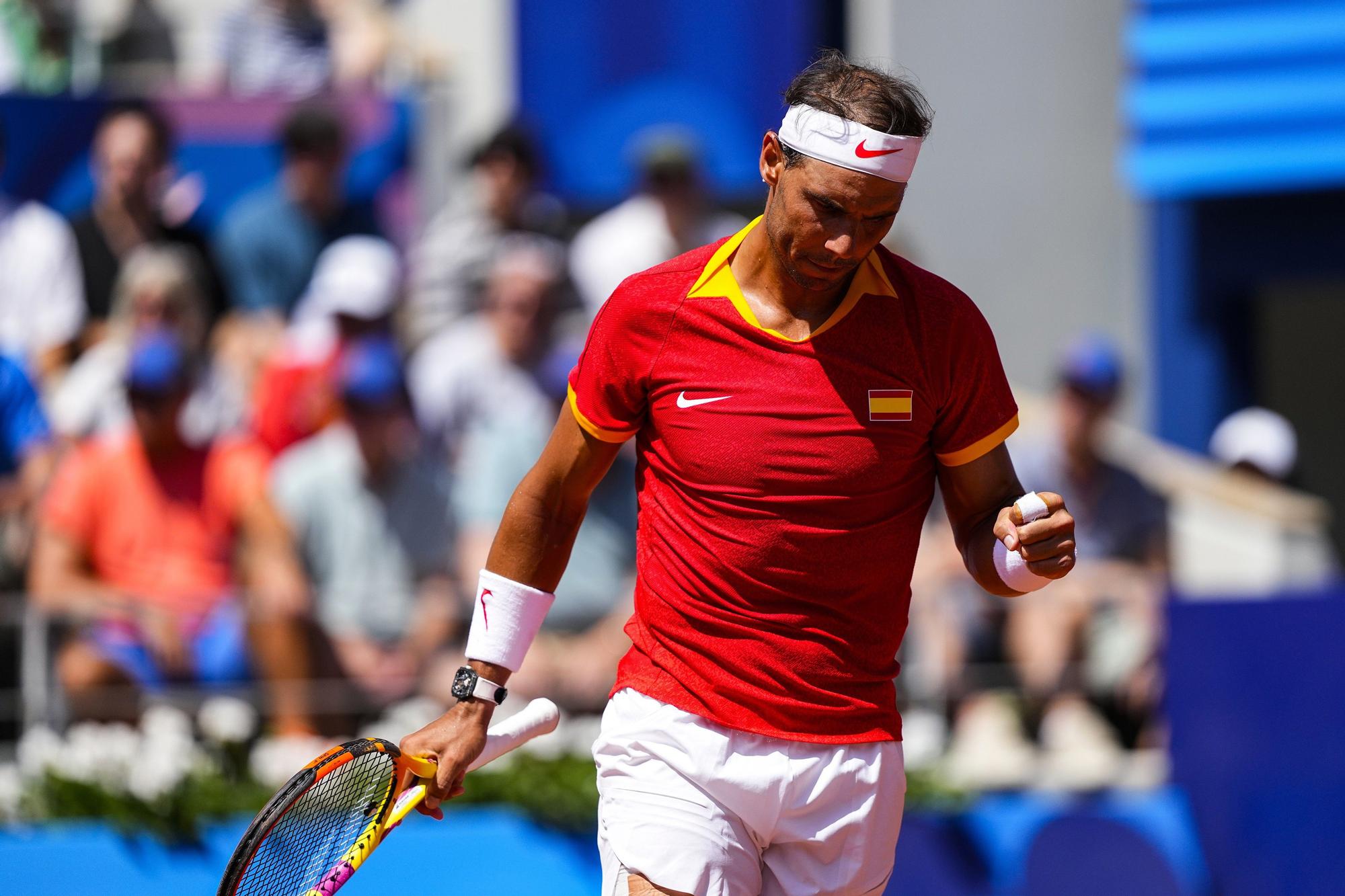 Rafael Nadal of Spain gestures against Novak Djokovic of Sèrbia during the Men's Singles second round match on day three of the Olympic Games Paris 2024 at Roland Garros on July 29, 2024 in Paris, France.