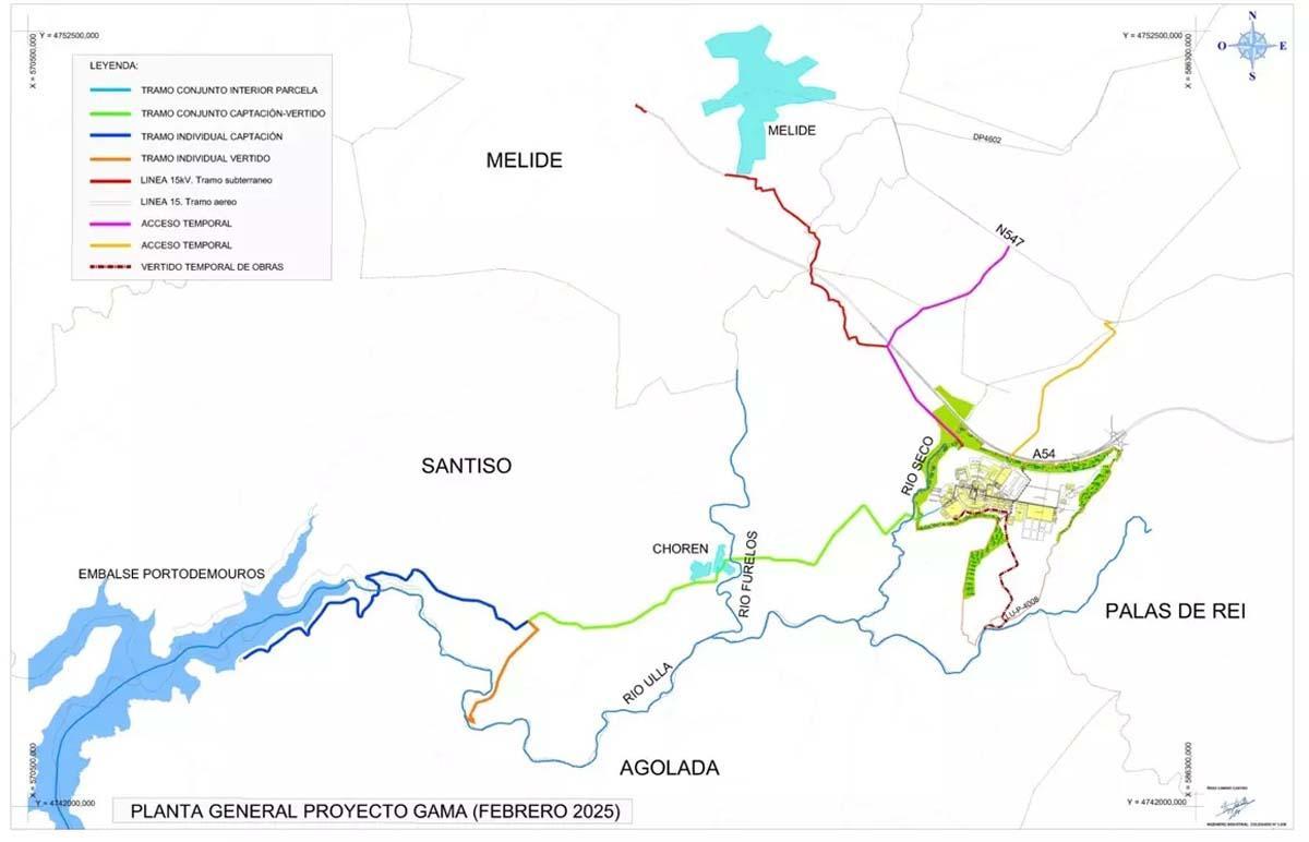 Mapa con la ubicación del denominado "Proyecto Gamma" de Altri y cómo sería su asentamiento en Palas de Rei, recogido en el informe de la Xunta.