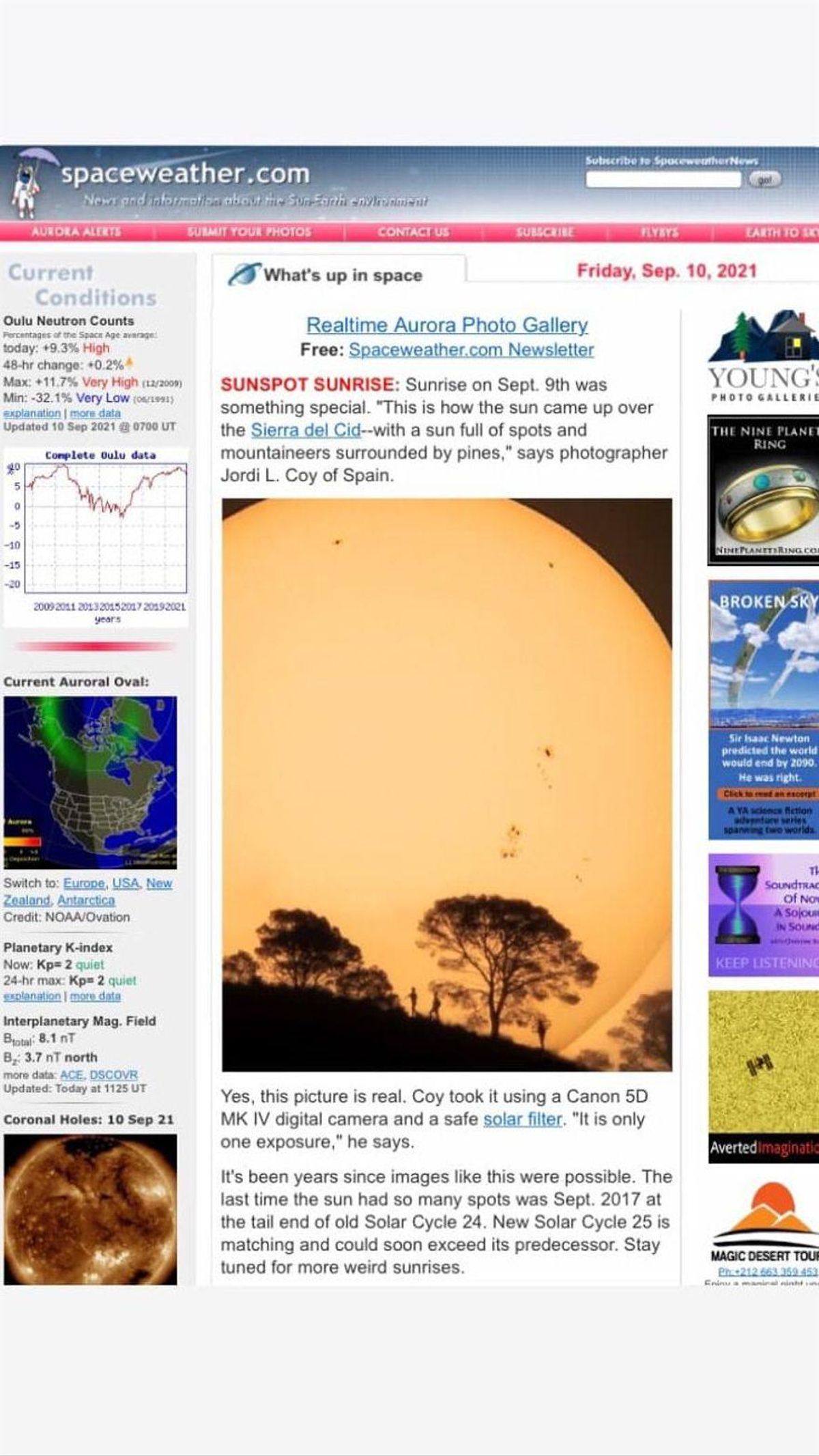 La publicación de la fotografía del Sol de Jordi L. Coy en la revista SpaceWeather.