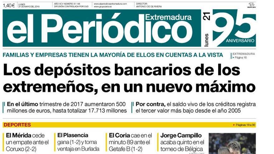 Esta es la portada de EL PERIÓDICO EXTREMADURA correspondiente al día 21 de mayo del 2018