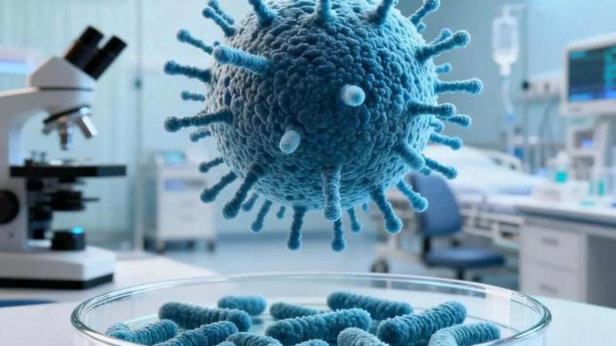 Recreació artística de superbacteris observats al laboratori clínic, símbol de l'amenaça creixent de la resistència als antibiòtics