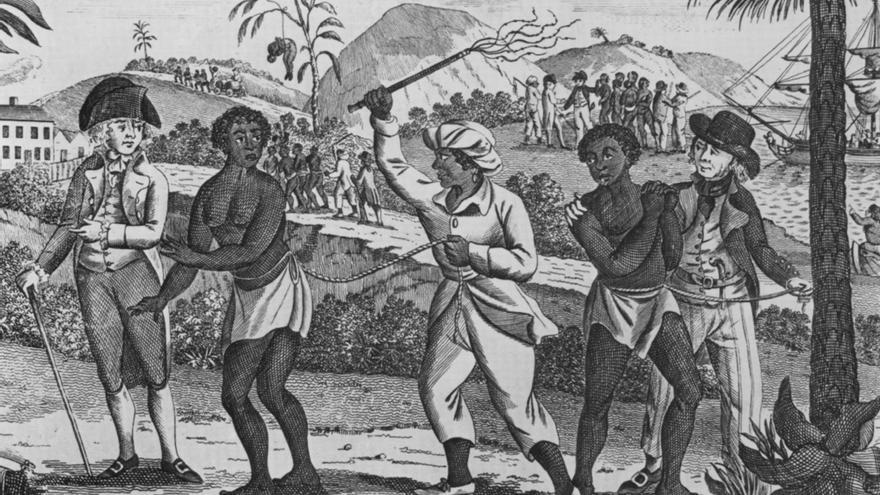 Grabado del siglo XVIII que refleja el tráfico de esclavos africanos en el Caribe